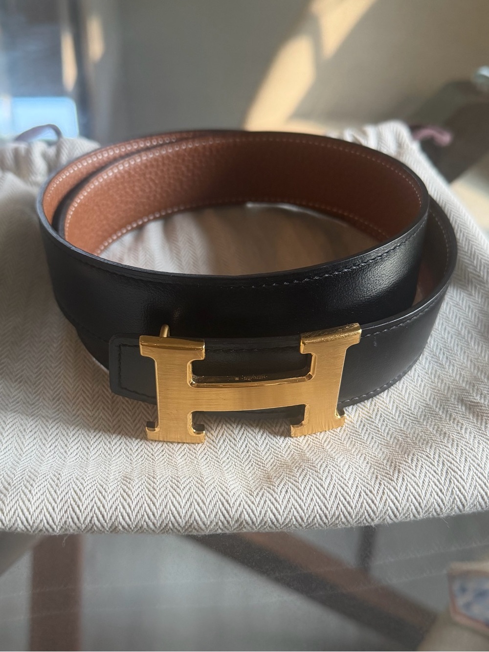 Hermes Black and Brown Reversible Leather Belt with Gold H Buckle